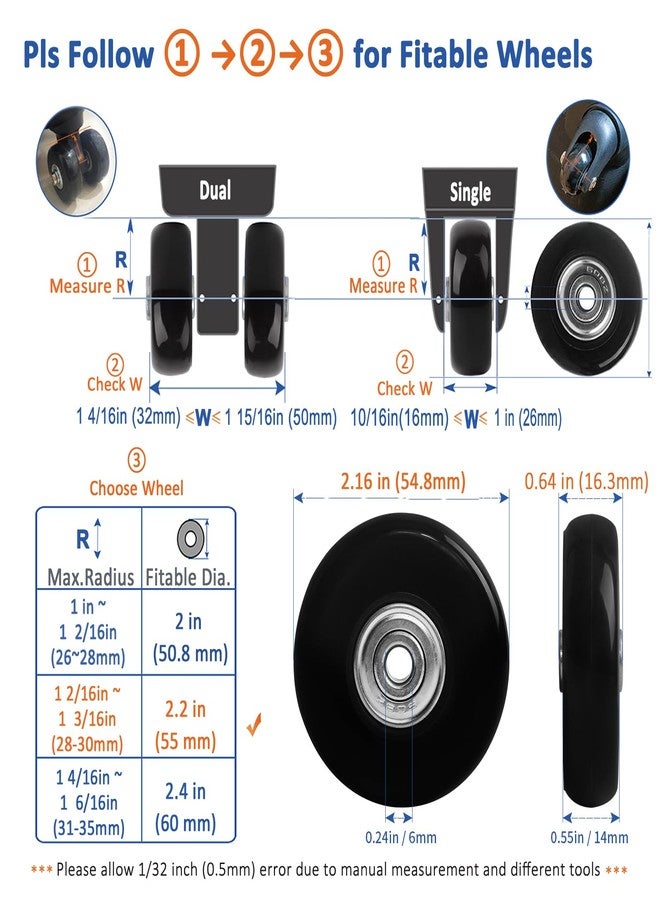 ASUNTOM Luggage Wheels Replacement 55x14mm, 8PCS Swivel Caster Wheels with Axles & Repair Kit, Precision Ball Bearings for Quiet Smooth Rolling, Fit for Suitcase, Travel Trolley Bag, Cart Dolly, Black - Image 2